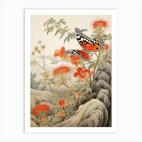 Butterfly With Flowers Japanese Style Painting 2 Art Print