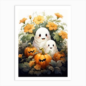 Cute Bedsheet Ghost, Botanical Halloween Watercolour 108 Art Print