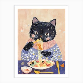 Black Cat Eating Pasta Folk Illustration 3 Art Print