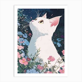 White Cat In Flowers Art Print