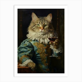 Cat Drinking Wine Rococo Style 1 Art Print