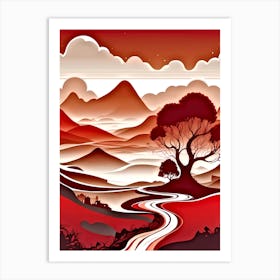 Red Landscape With Trees Art Print