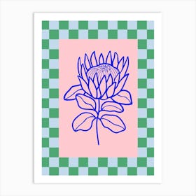 Modern Checkered Flower Poster Blue & Pink 8 Art Print