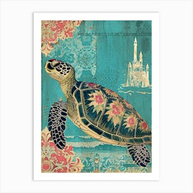 Floral Sea Turtle With An Underwater Castle Art Print