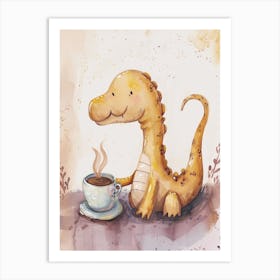 Mustard Dinosaur Drinking Coffee 2 Art Print