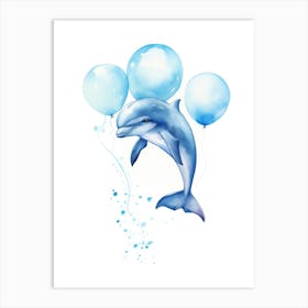 Baby Dolphin Flying With Ballons, Watercolour Nursery Art 2 Art Print