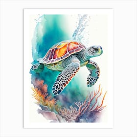 A Single Sea Turtle In Coral Reef, Sea Turtle Cute Neon 2 Art Print