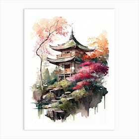 Watercolor Of Japanese Pagoda Art Print