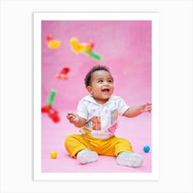 A Joyful Infant Engaging In Playful Interactions Surrounded By A Plethora Of Vivid Scattered Colo (7) Art Print