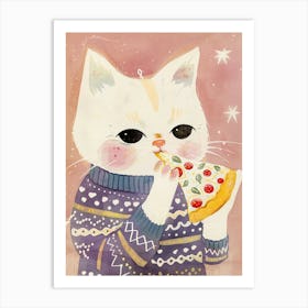 Cute White Cat Eating Pizza Folk Illustration 1 Art Print