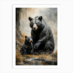 Bear And Cub Chalk Style Art Print