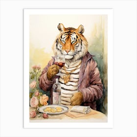 Tiger Illustration Tasting Wine Watercolour 3 Art Print