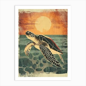 Vintage Sea Turtle At Sunset Painting 4 Art Print