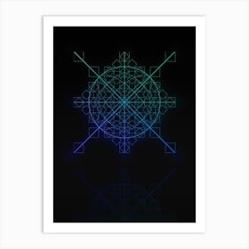 Neon Blue and Green Abstract Geometric Glyph on Black n.0183 Art Print