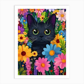 Black Cat In Flowers 3 Art Print