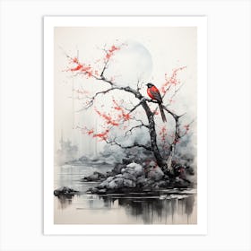 Red Bird, Japanese Brush Painting, Ukiyo E, Minimal 4 Art Print