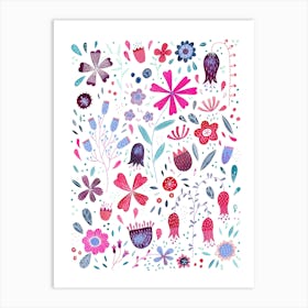 Contemporary Watercolor Flowers in Pink and Teal on White Art Print