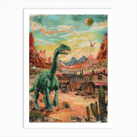 Dinosaur In A Western Town Lllustration 1 Art Print
