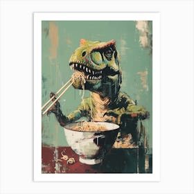 T Rex Eating Ramen Pastel Teal Art Print