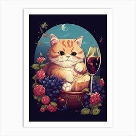 Kawaii Cat Drawings Tasting Wine 2 Art Print