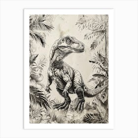 Nodosaurus Dinosaur In The Leaves Black Ink Illustration Art Print