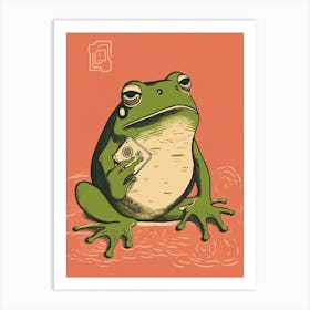 Frog With A Card, Matsumoto Hoji Inspired Japanese Green And Pink 5 Art Print