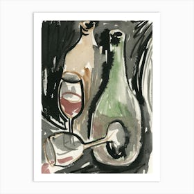 Bottles And Glasses - ink watercolor still life kitchen cafe bar drinks hand painted black green beige Art Print