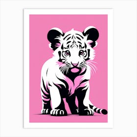 Playful Tiger Cub On Solid pink Background, modern animal art, baby tiger 1 Art Print