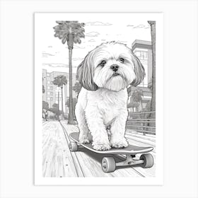 Shih Tzu Dog Skateboarding Line Art 3 Art Print