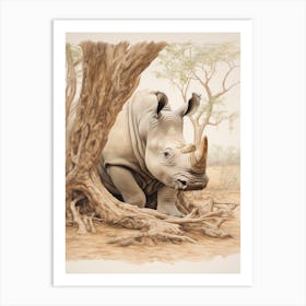 Rhino Lying Under The Tree Detailed Illustration 2 Art Print