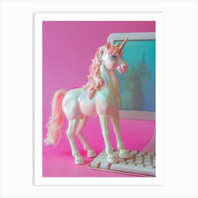 Toy Unicorn On The Computer Art Print