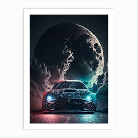 Futuristic Car Muscle Smoke Drift Retro Racing vintage classic Car Space Planet moon Sun Art Print