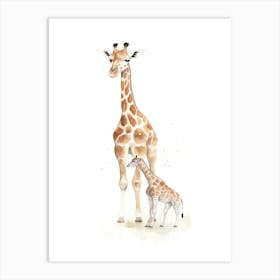 Giraffe And Baby Watercolour Illustration 1 Art Print