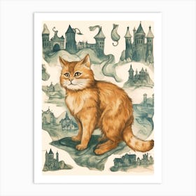 Spooky Medieval Castles With Fluffy Cat Art Print