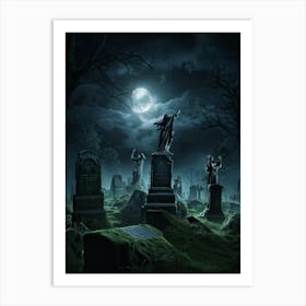 Ghostly Figures Looming Above An Ancient Graveyard In The Haunting Grip Of A Tempestuous Night Sky (5) Art Print