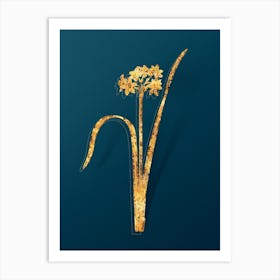 Vintage Cowslip Cupped Daffodil Botanical in Gold on Teal Blue n.0056 Art Print