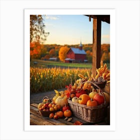 An Inviting Rustic Farm With Vegetables Like Corn Pumpkins Squash Elegantly Arranged In A Wooden B (2) Art Print