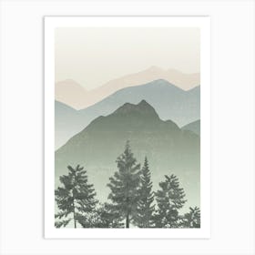 Mountain Landscape in Sage Green and Beige, Pine Trees, Mist, Minimalist Art Print