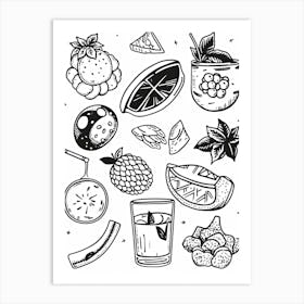 Fruits And Vegetables Black And White Line Art 3 Art Print