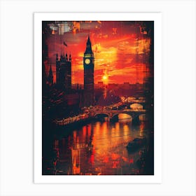 Sunset In London, Cityscape Collage Retro Art Print