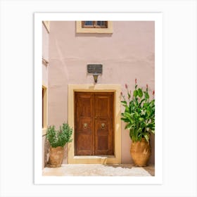 Brown Door And Pink Wall In Greece Art Print