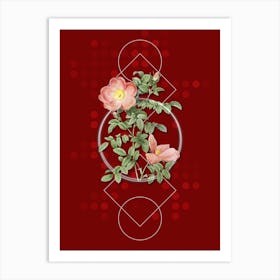 Vintage Red Sweetbriar Rose Botanical with Geometric Line Motif and Dot Pattern Art Print