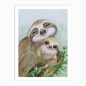 Cute Sloth with Baby, Delicate Watercolor Art Print