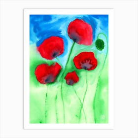 Poppies - flowers floral red green blue Art Print