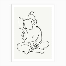 Girl Reading A Book Monoline Illustration Art Print