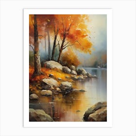 Autumn Lake,Forest Lake, Vintage Oil Painting, Farmhouse Wall Decorations, Antique Landscape, Vintage Landscape Oil Painting.6 5 Art Print