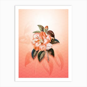 Japanese Camelia Vintage Botanical in Peach Fuzz Seigaiha Wave Pattern n.0193 Art Print