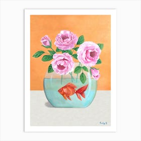 Goldfish And Pink Flowers Art Print