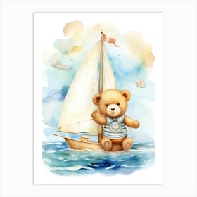 Sailing Teddy Bear Painting Watercolour 3 Art Print