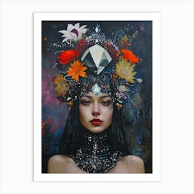 Woman With Flowers On Her Head Art Print